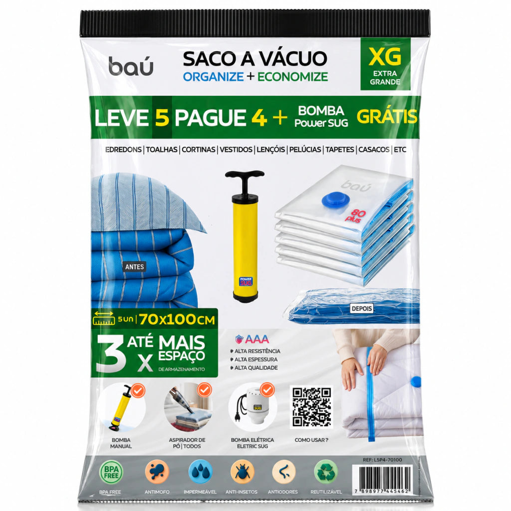 Kit 5 Sacos a Vácuo XG 70x100 para Edredons + Bomba Grátis Baú