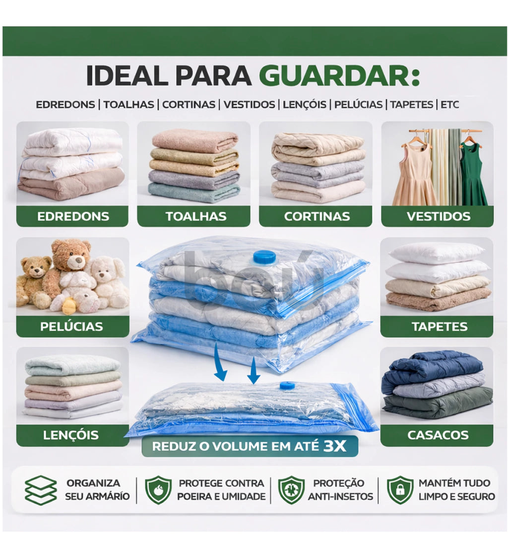 Kit 5 Sacos a Vácuo XG 70x100 para Edredons + Bomba Grátis Baú