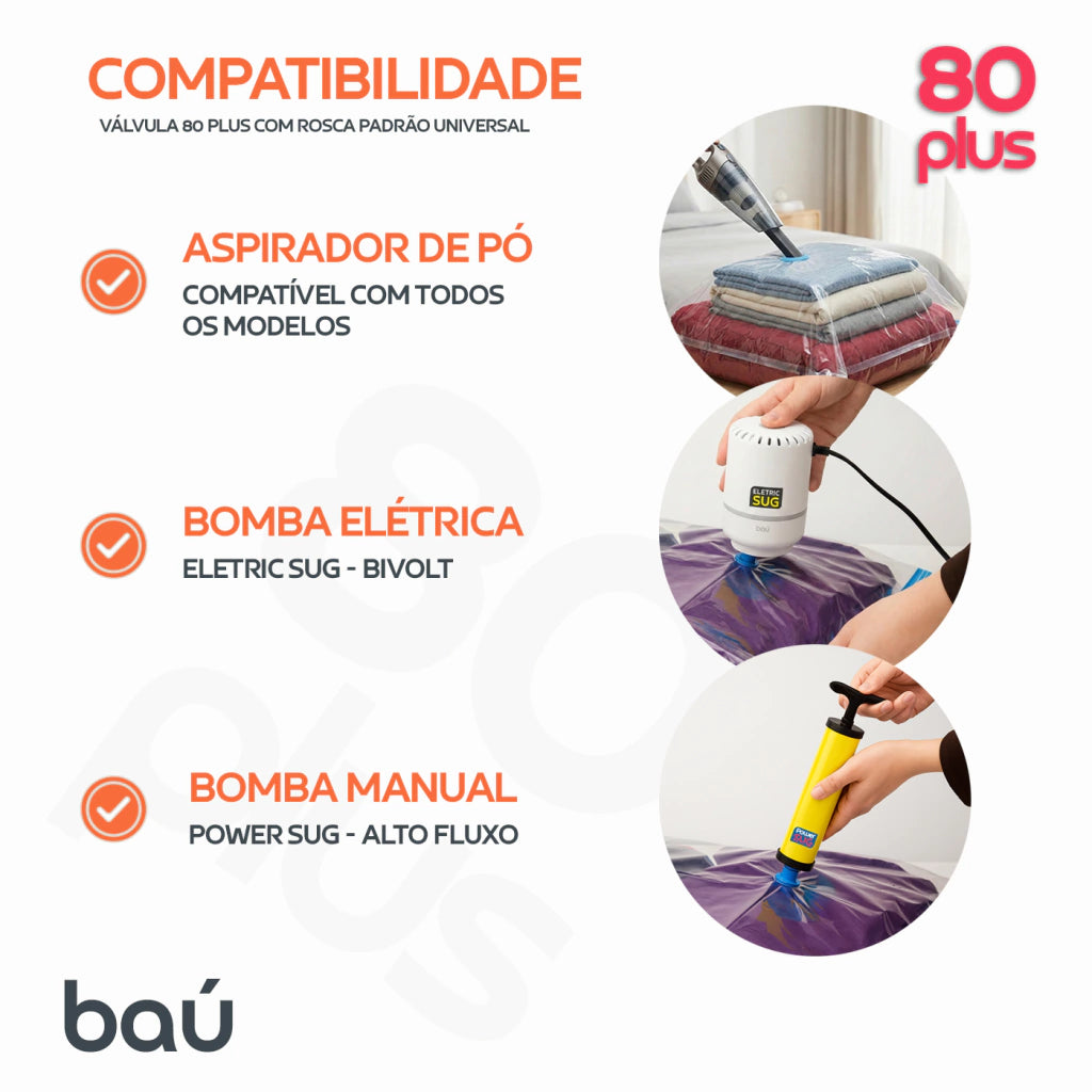Kit 10 Sacos a Vácuo (M/G/XG) Premium + Bomba Eletric Sug Bivolt | Baú 80 Plus