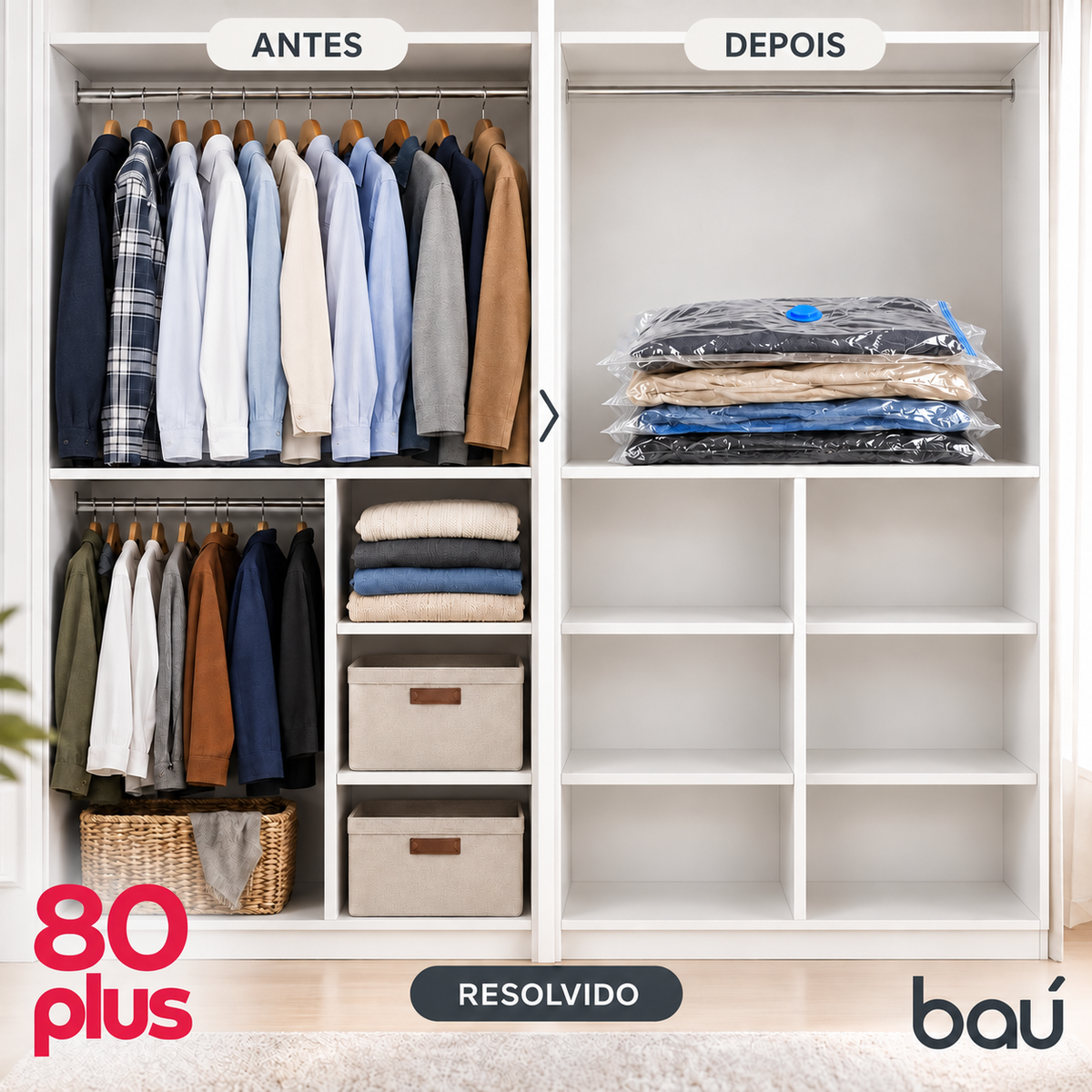 Kit 10 Sacos a Vácuo (M/G/XG) Premium + Bomba Go Sug Sem Fio | Baú 80 Plus