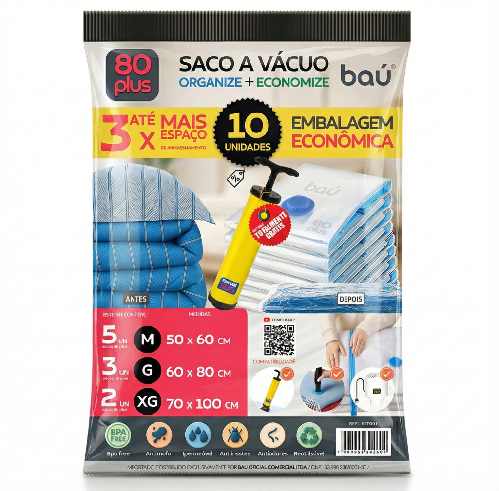 Kit 10 Sacos a Vácuo 80 Plus + Bomba Manual