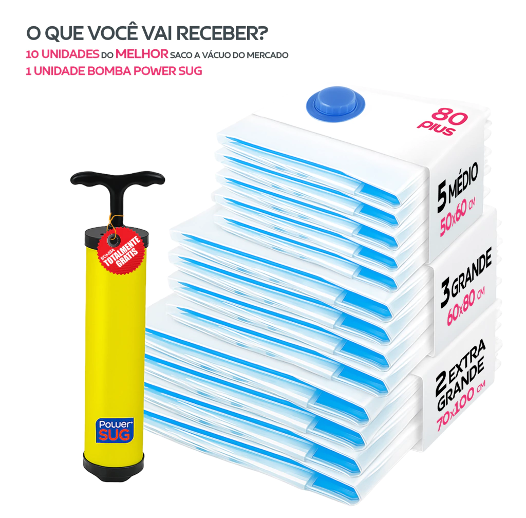 Kit 10 Sacos a Vácuo 80 Plus + Bomba Manual