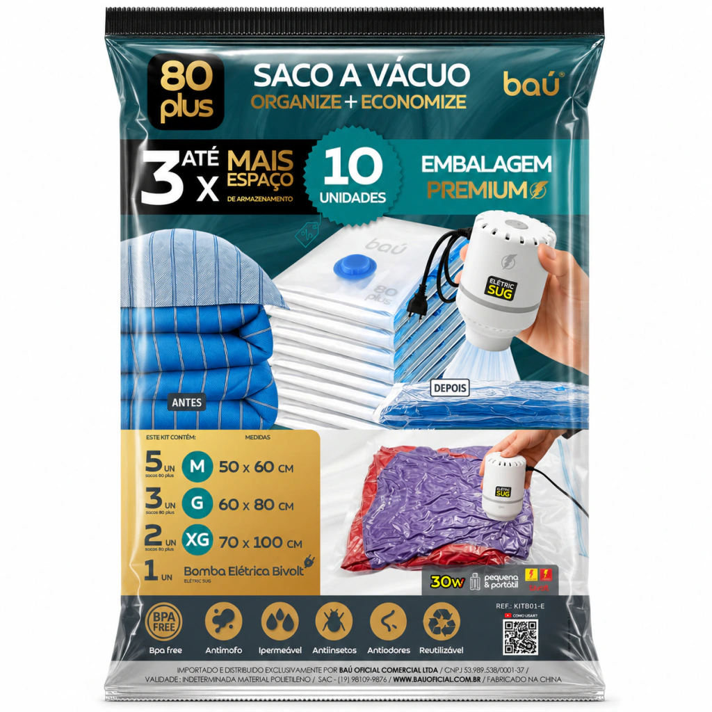 Kit 10 Sacos a Vácuo (M/G/XG) Premium + Bomba Eletric Sug Bivolt | Baú 80 Plus