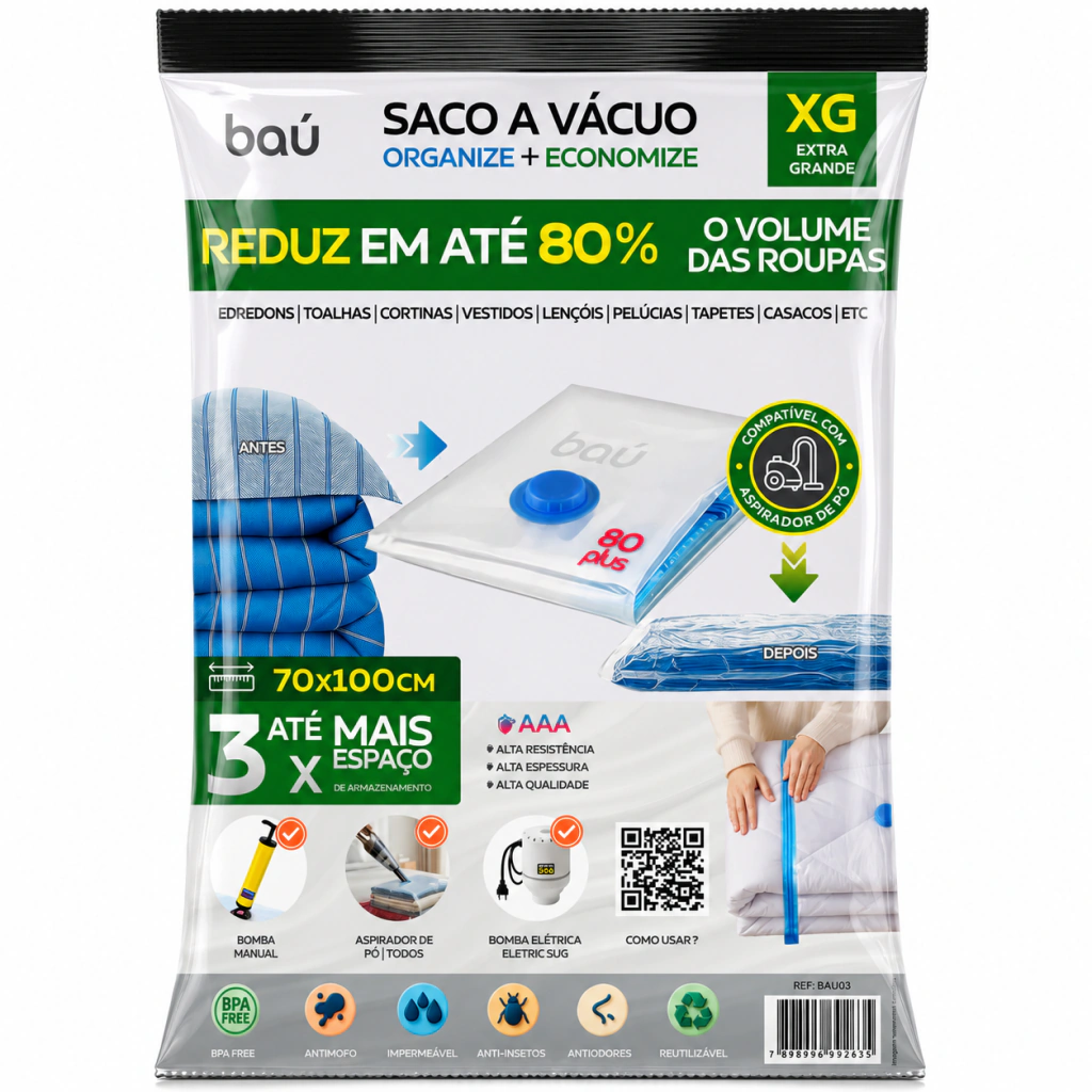 Saco a Vácuo Extra Grande (70x100cm) - Unitário | Baú 80 Plus
