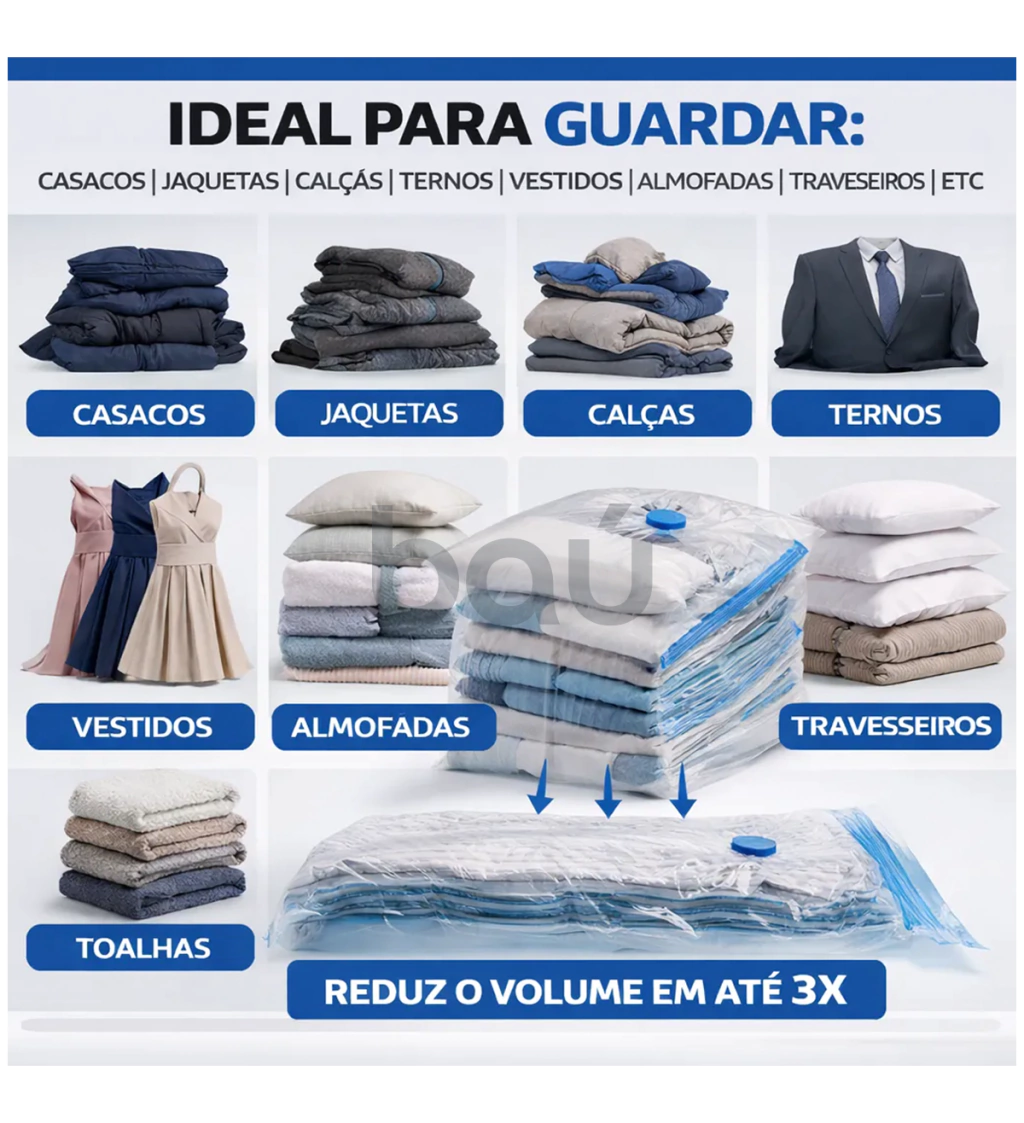 Kit 5 Sacos a Vácuo Grande (60x80cm) + Bomba Power Sug Grátis | Ideal para Roupas e Viagem
