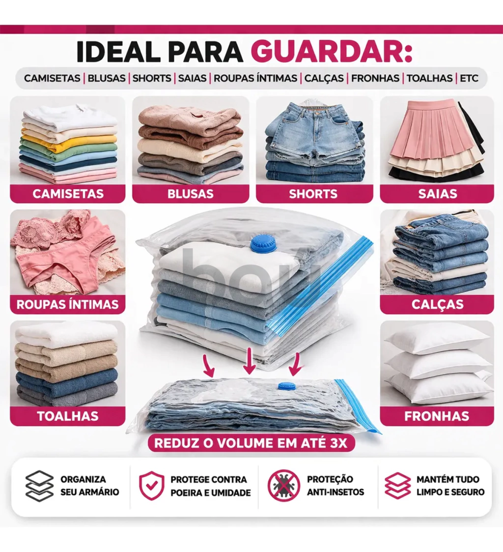 Kit 5 Sacos a Vácuo Médios (50x60cm) + Bomba Power Sug Grátis | Ideal para Roupas e Viagem