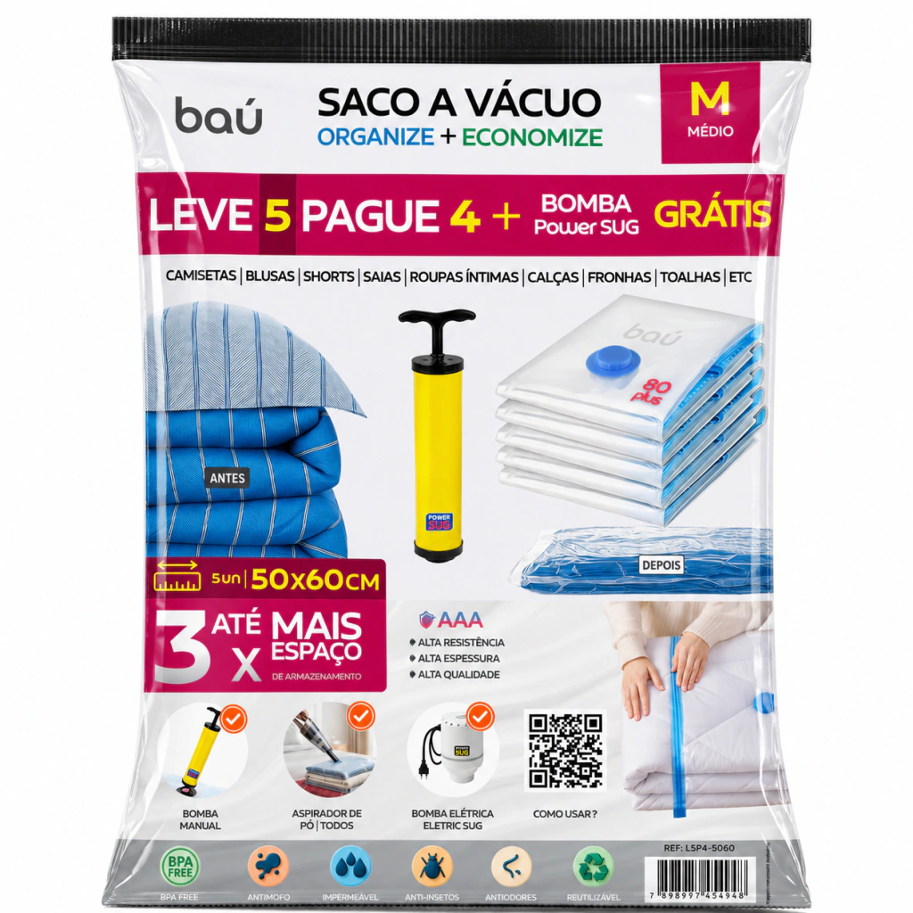 Kit 5 Sacos a Vácuo Médios (50x60cm) + Bomba Power Sug Grátis | Ideal para Roupas e Viagem