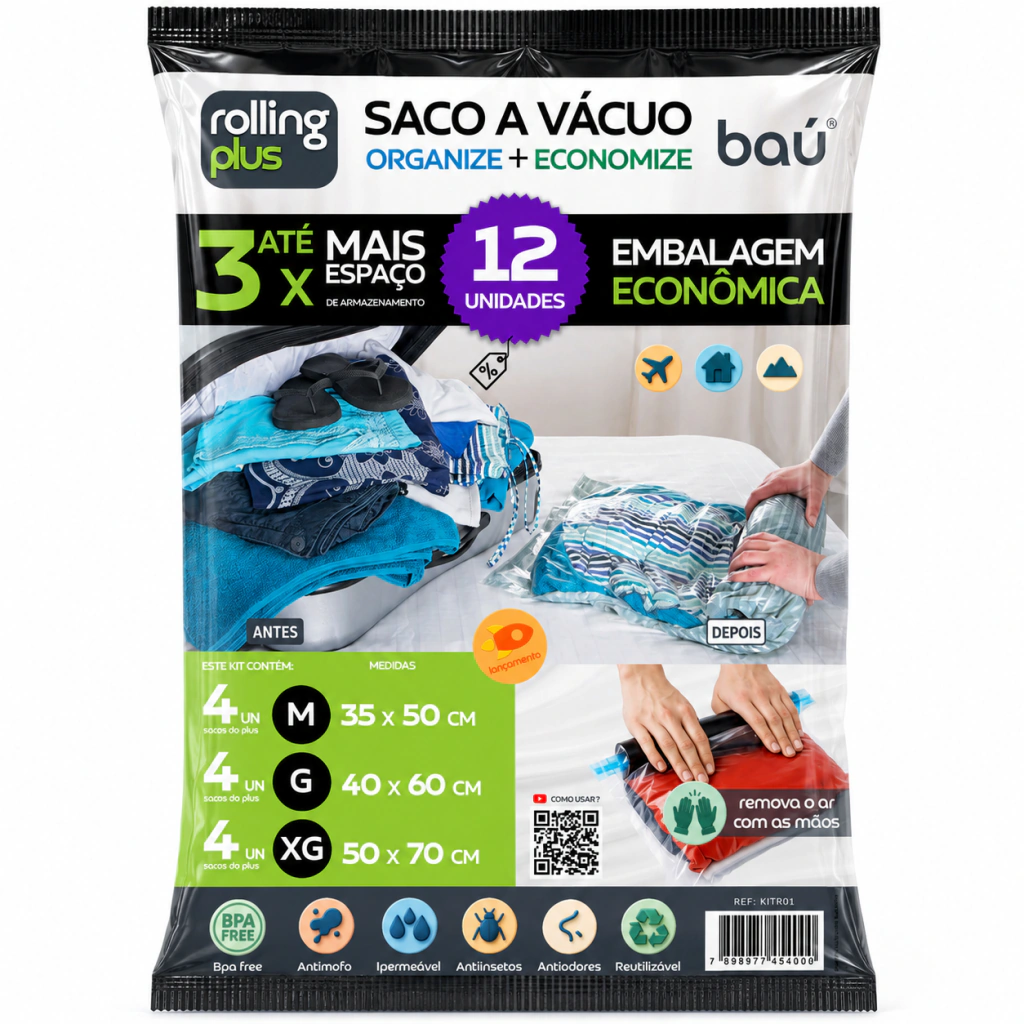 Kit 12 Sacos a Vácuo Manual p/Viagem s/Bomba - Enrole e Tire o Ar - Rolling Plus Baú