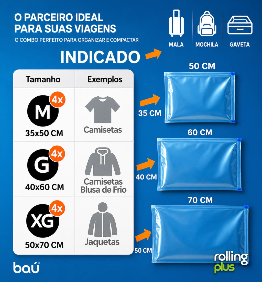 Kit 12 Sacos a Vácuo Manual p/Viagem s/Bomba - Enrole e Tire o Ar - Rolling Plus Baú