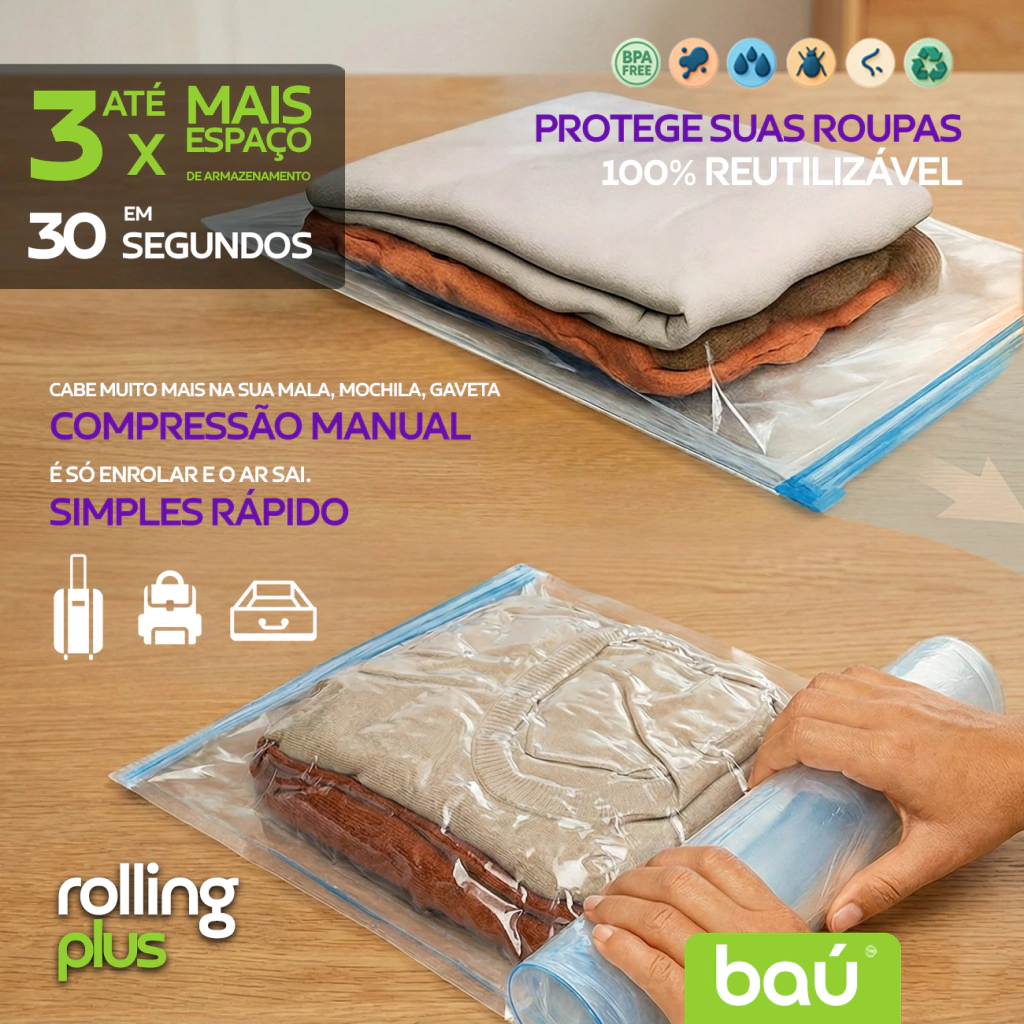 Kit 12 Sacos a Vácuo Manual p/Viagem s/Bomba - Enrole e Tire o Ar - Rolling Plus Baú