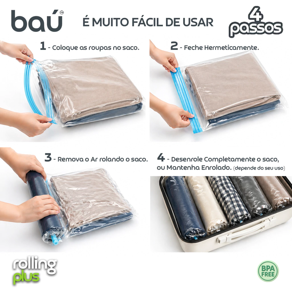 Kit 12 Sacos a Vácuo Manual p/Viagem s/Bomba - Enrole e Tire o Ar - Rolling Plus Baú