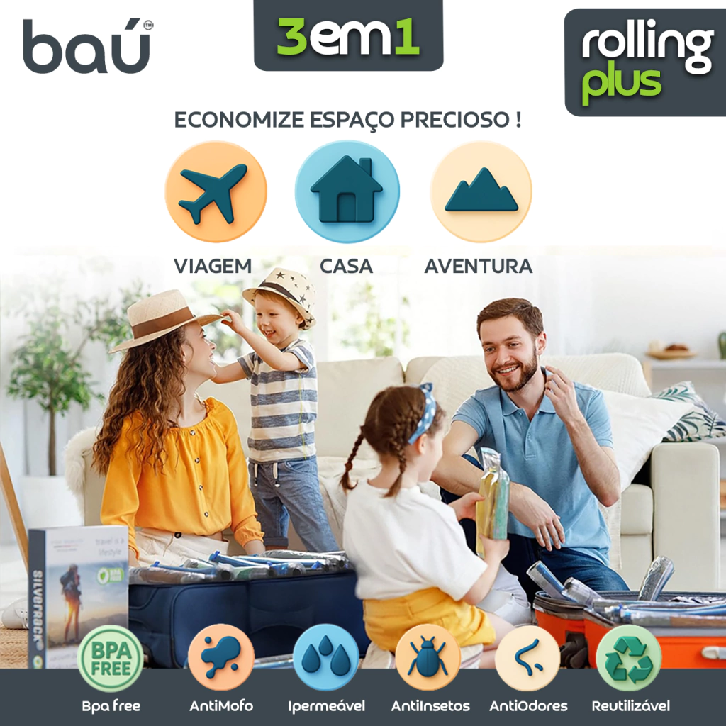 Kit 12 Sacos a Vácuo Manual p/Viagem s/Bomba - Enrole e Tire o Ar - Rolling Plus Baú
