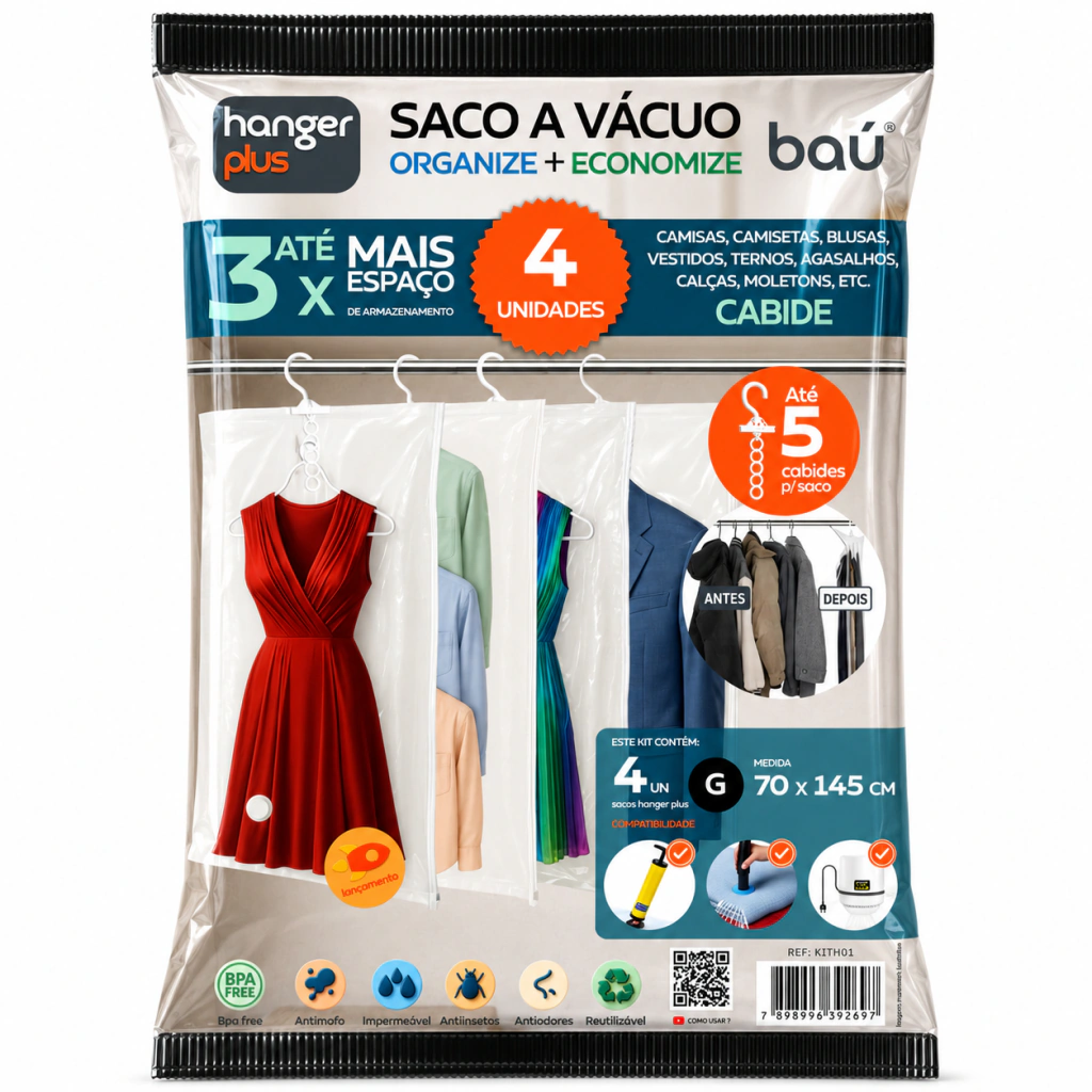 Kit 4 Sacos a Vácuo para Cabide 70x145cm Hanger Plus Baú