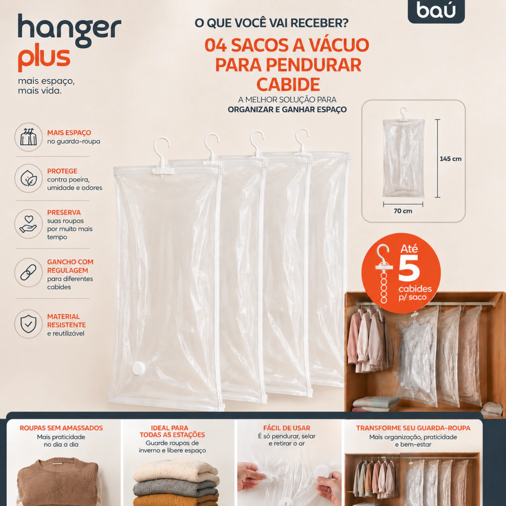 Kit 4 Sacos a Vácuo para Cabide 70x145cm Hanger Plus Baú