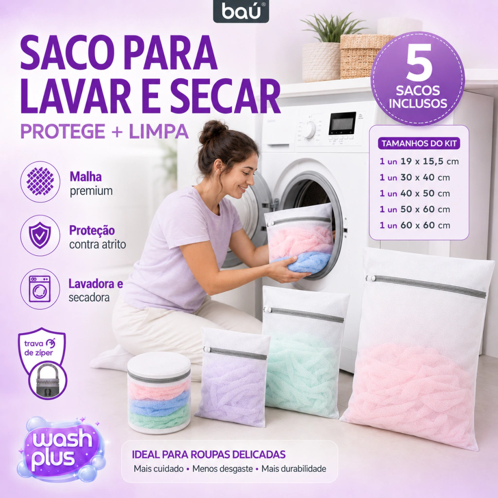 Kit 5 Sacos Para Lavar E Secar Roupas Variados Wash Plus Baú