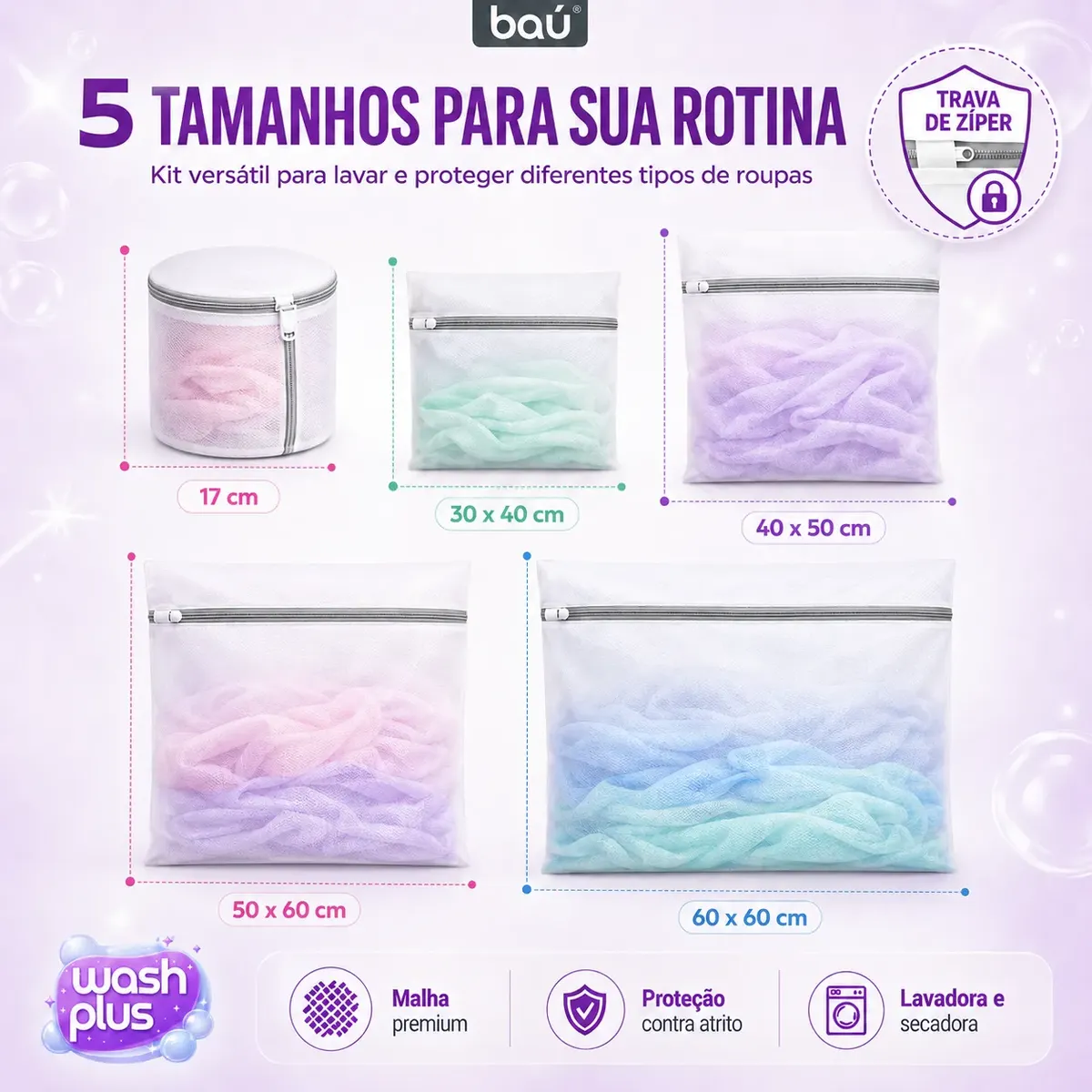 Kit 5 Sacos Para Lavar E Secar Roupas Variados Wash Plus Baú