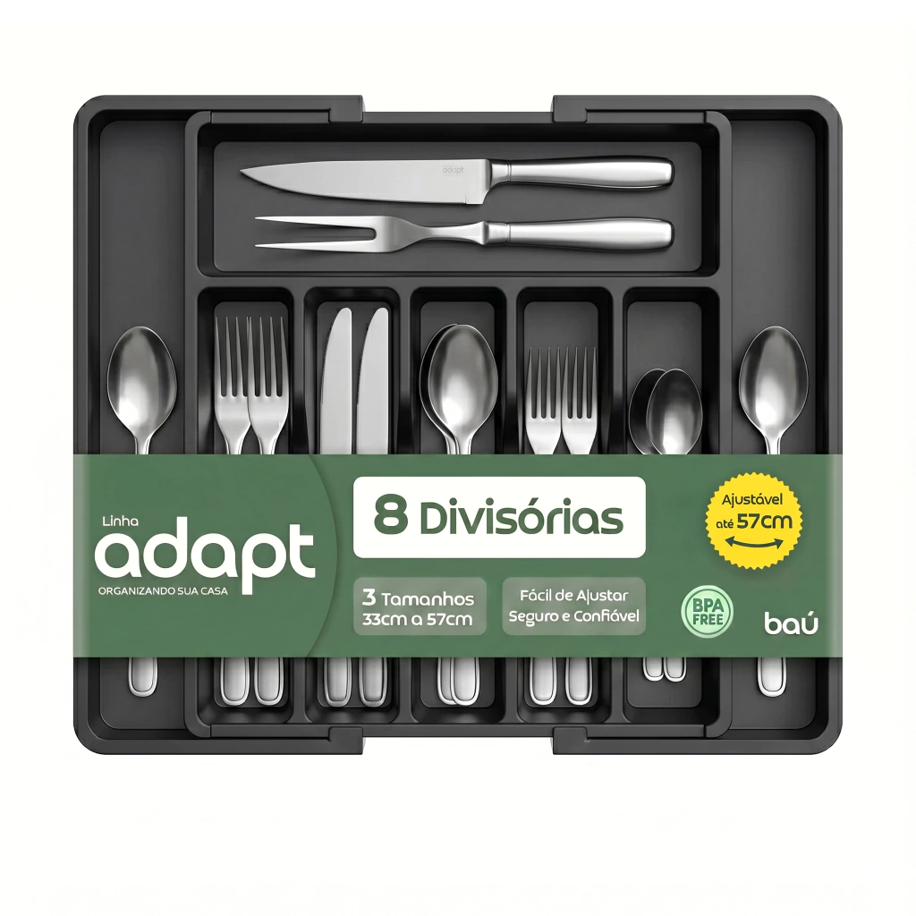 Porta-Talheres Organizador de Gaveta Extensível 8 Divisórias Preto Baú