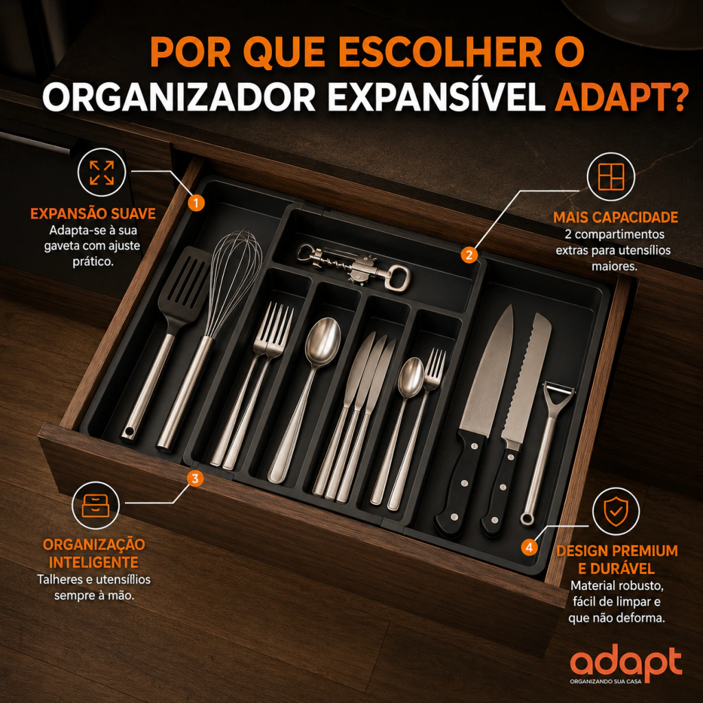 Porta-Talheres Organizador de Gaveta Extensível 8 Divisórias Preto Baú