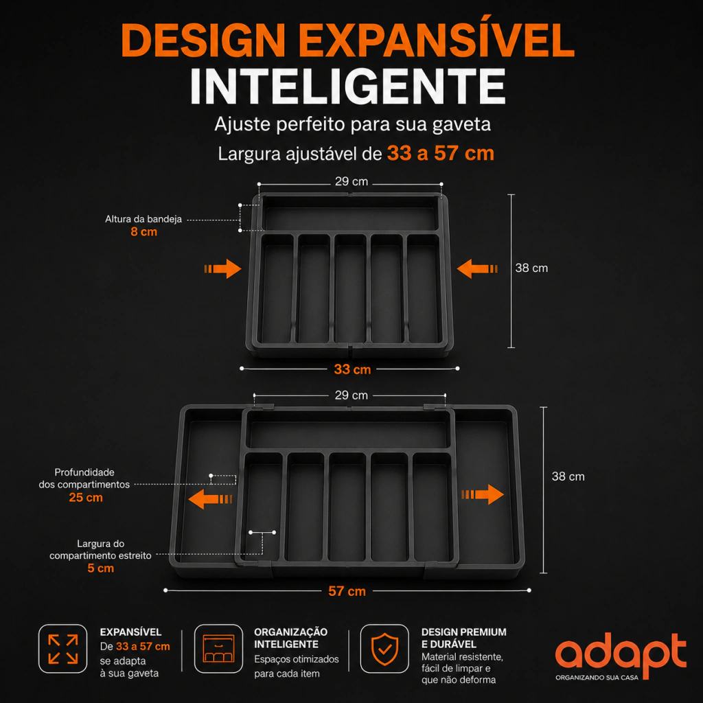 Porta-Talheres Organizador de Gaveta Extensível 8 Divisórias Preto Baú