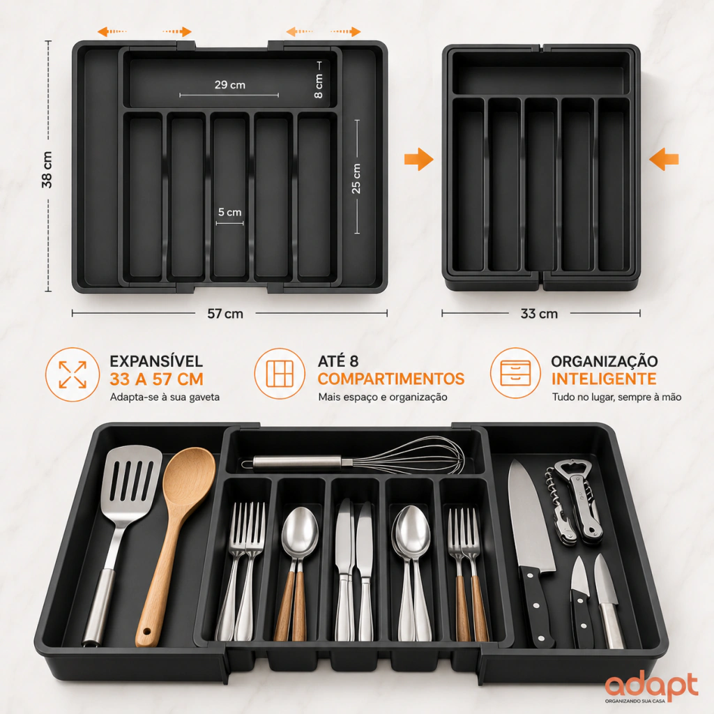 Porta-Talheres Organizador de Gaveta Extensível 8 Divisórias Preto Baú