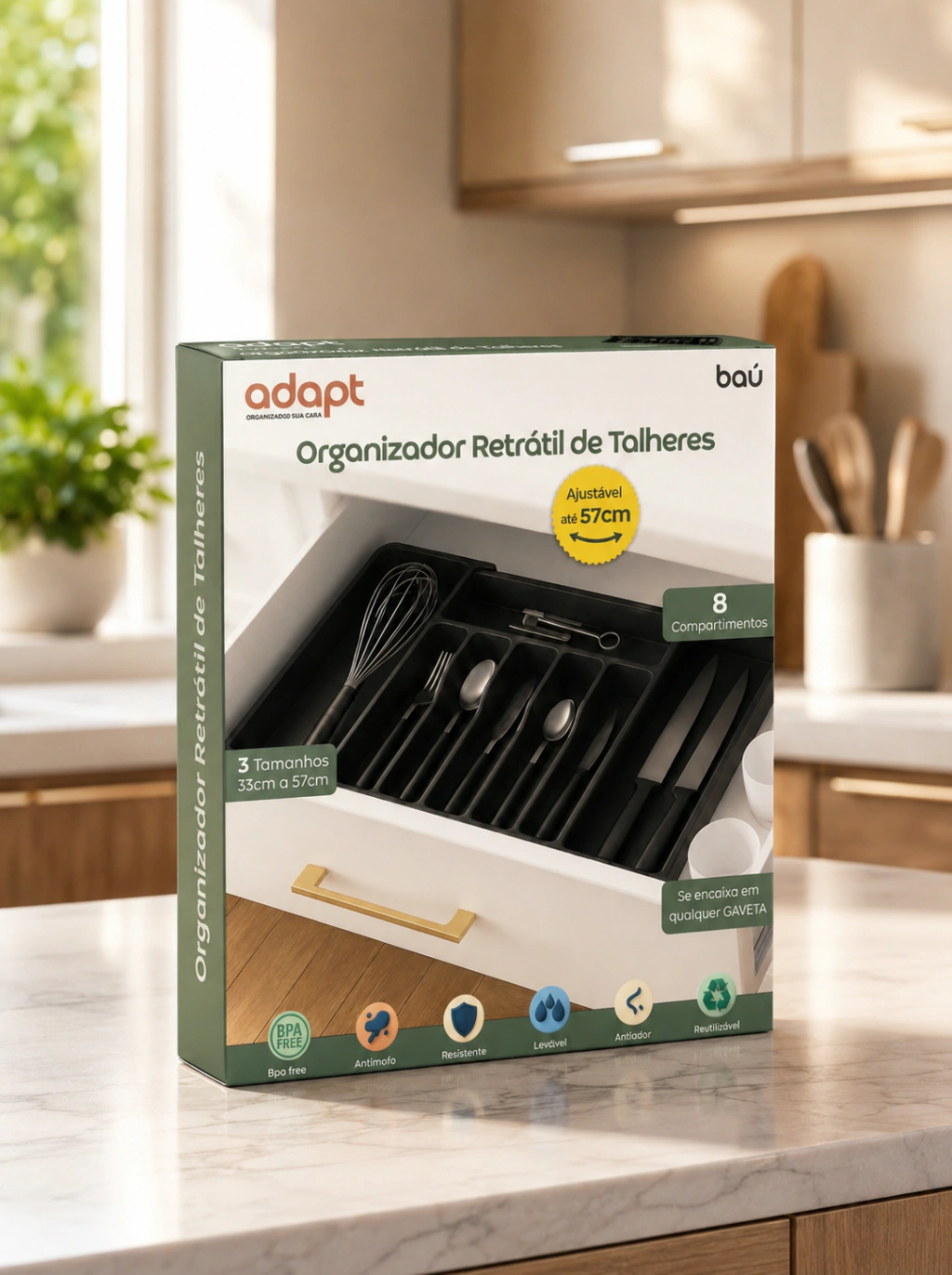 Porta-Talheres Organizador de Gaveta Extensível 8 Divisórias Preto Baú