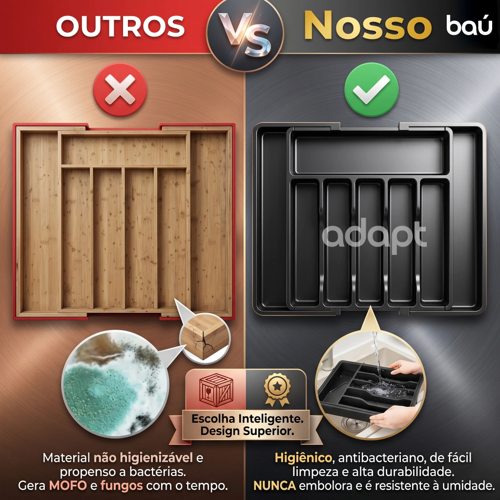 Porta-Talheres Organizador de Gaveta Extensível 8 Divisórias Preto Baú