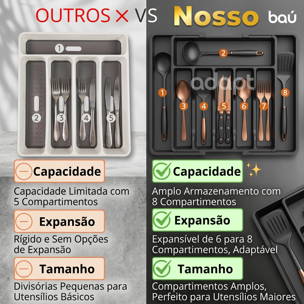 Porta-Talheres Organizador de Gaveta Extensível 8 Divisórias Preto Baú