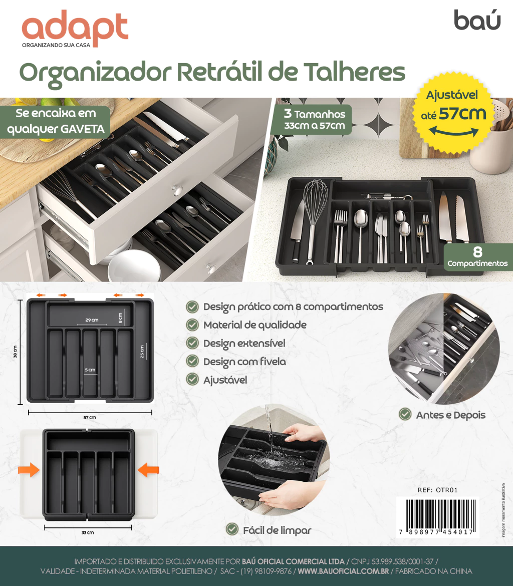 Porta-Talheres Organizador de Gaveta Extensível 8 Divisórias Preto Baú