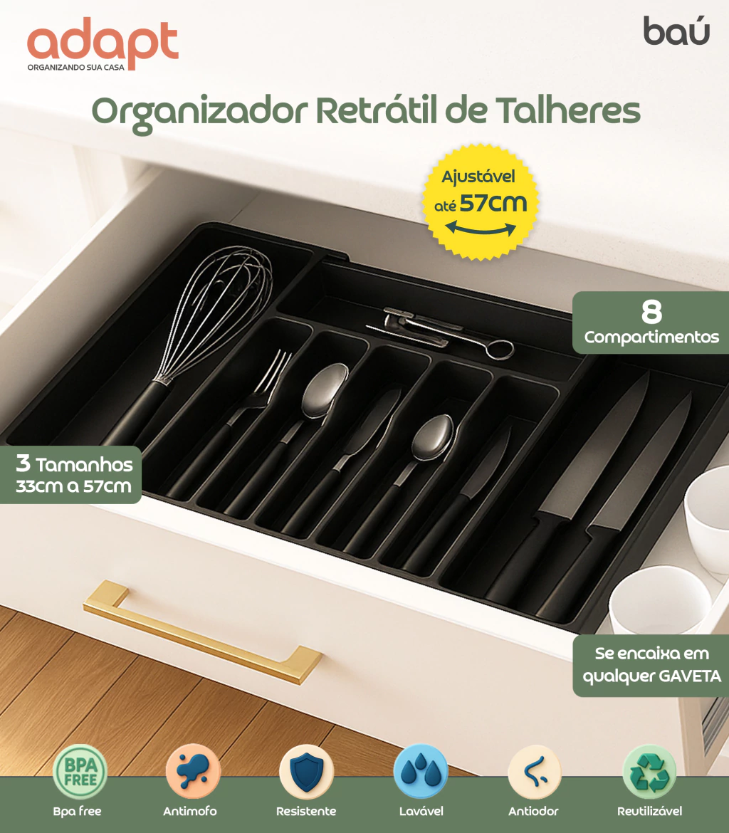 Porta-Talheres Organizador de Gaveta Extensível 8 Divisórias Preto Baú