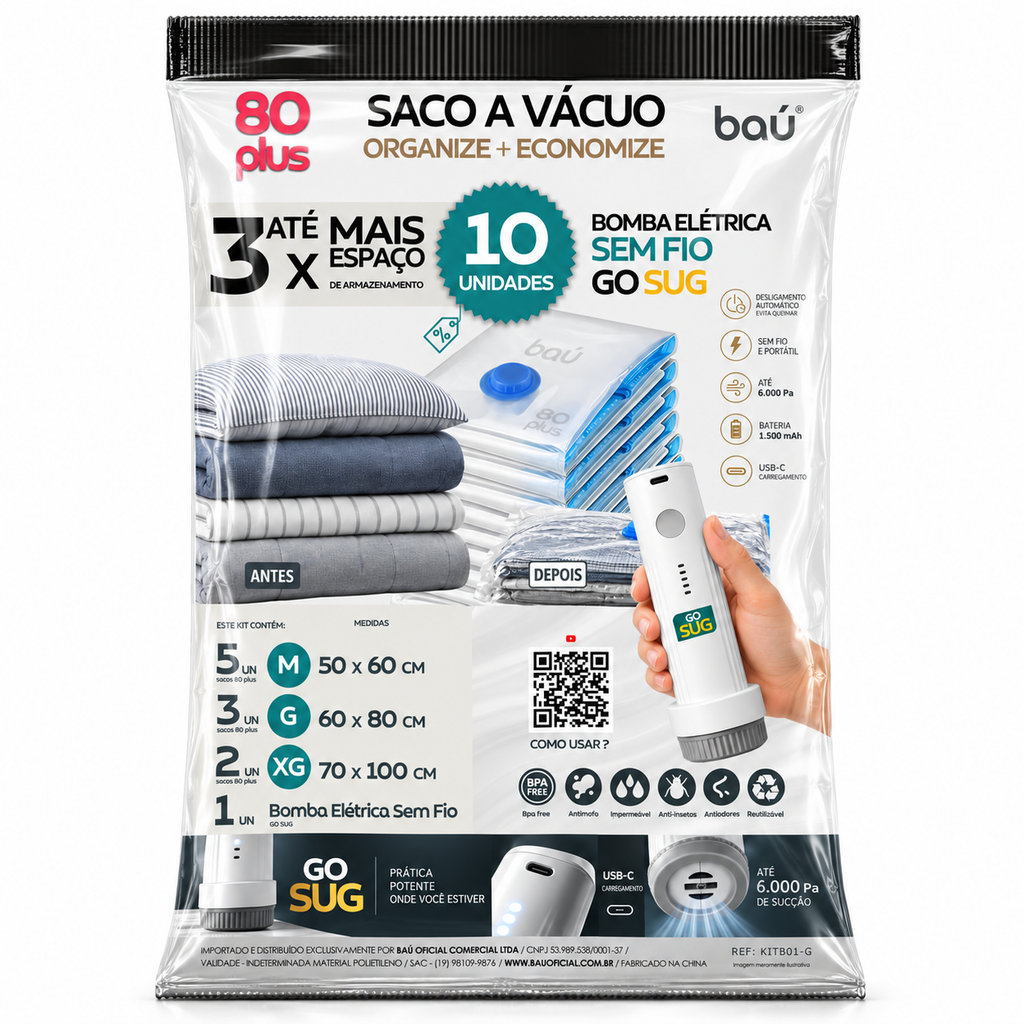 Kit Saco a Vácuo Tamanho Variados com Bomba Elétrica sem fio